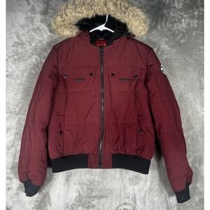 Guess Women's M Faux Fur Hood Crop Down Puffer XL Bomber Y2K removeable hood red